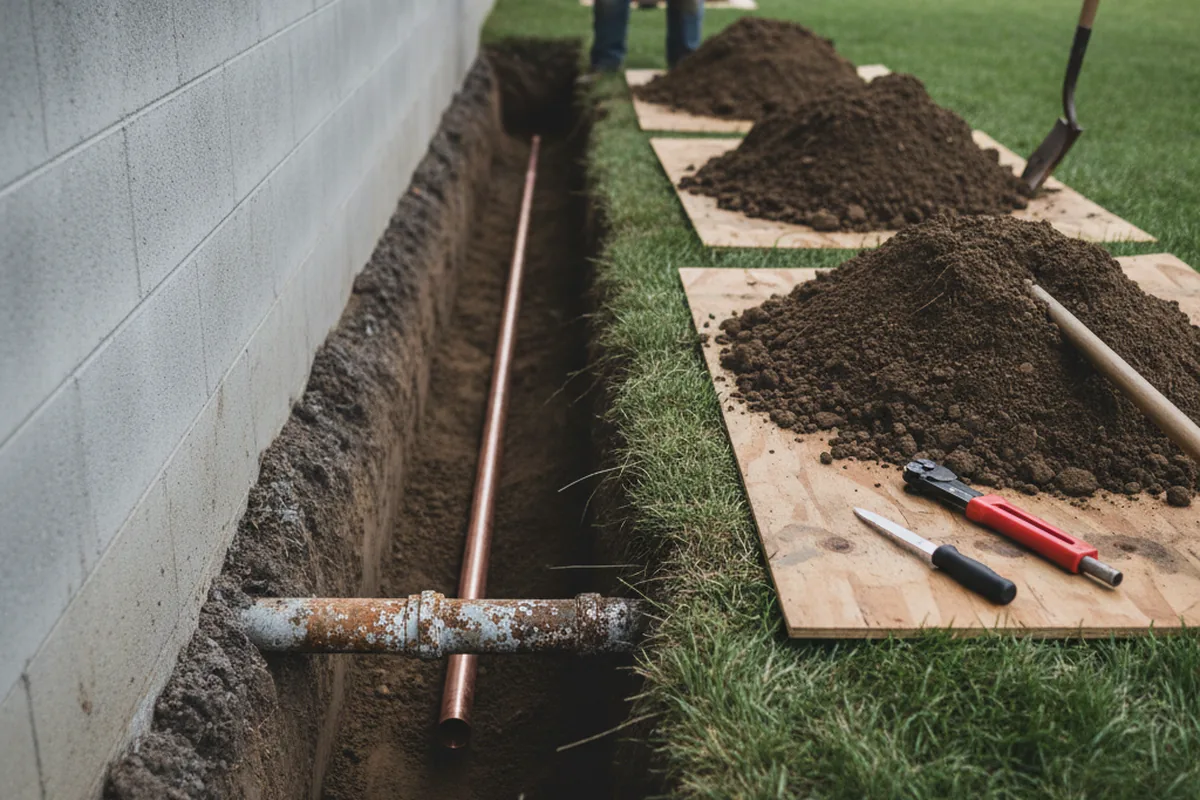 Excavated water line trench during Water Softener Installation in Roxbury